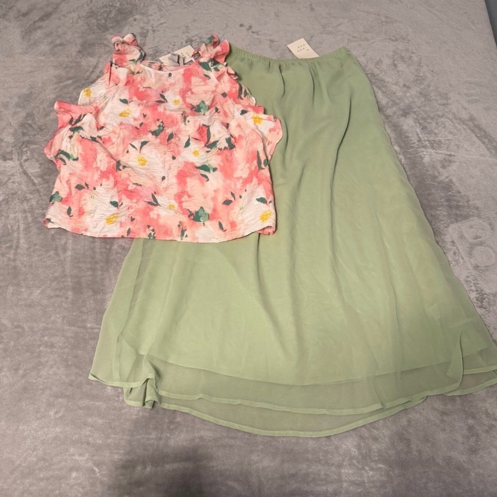 “a new day” Pink Floral Top and Green Skirt Set
